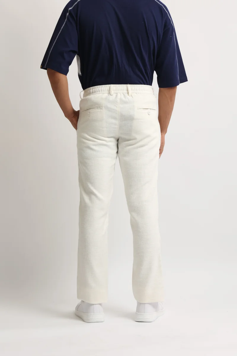 Maniac  Maniac Mens Solid White Elastic Linen Cotton Blend Trouser for Men | Best Price UAE